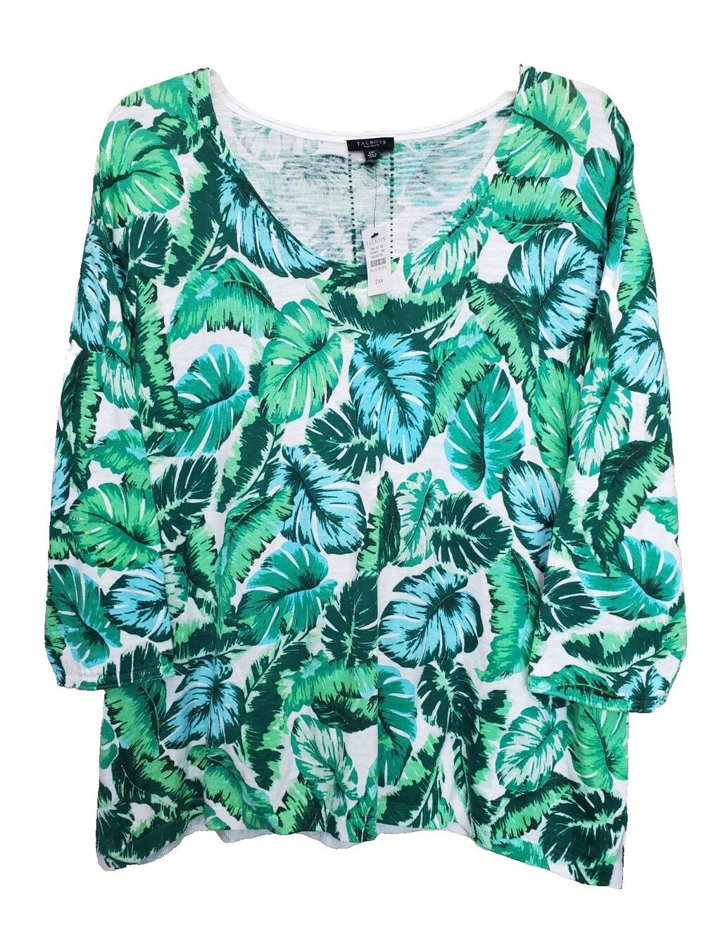 Talbots Plus Petite Tropical Leaf Print Cotton Pointelle Knit Sweater 2XP NWT